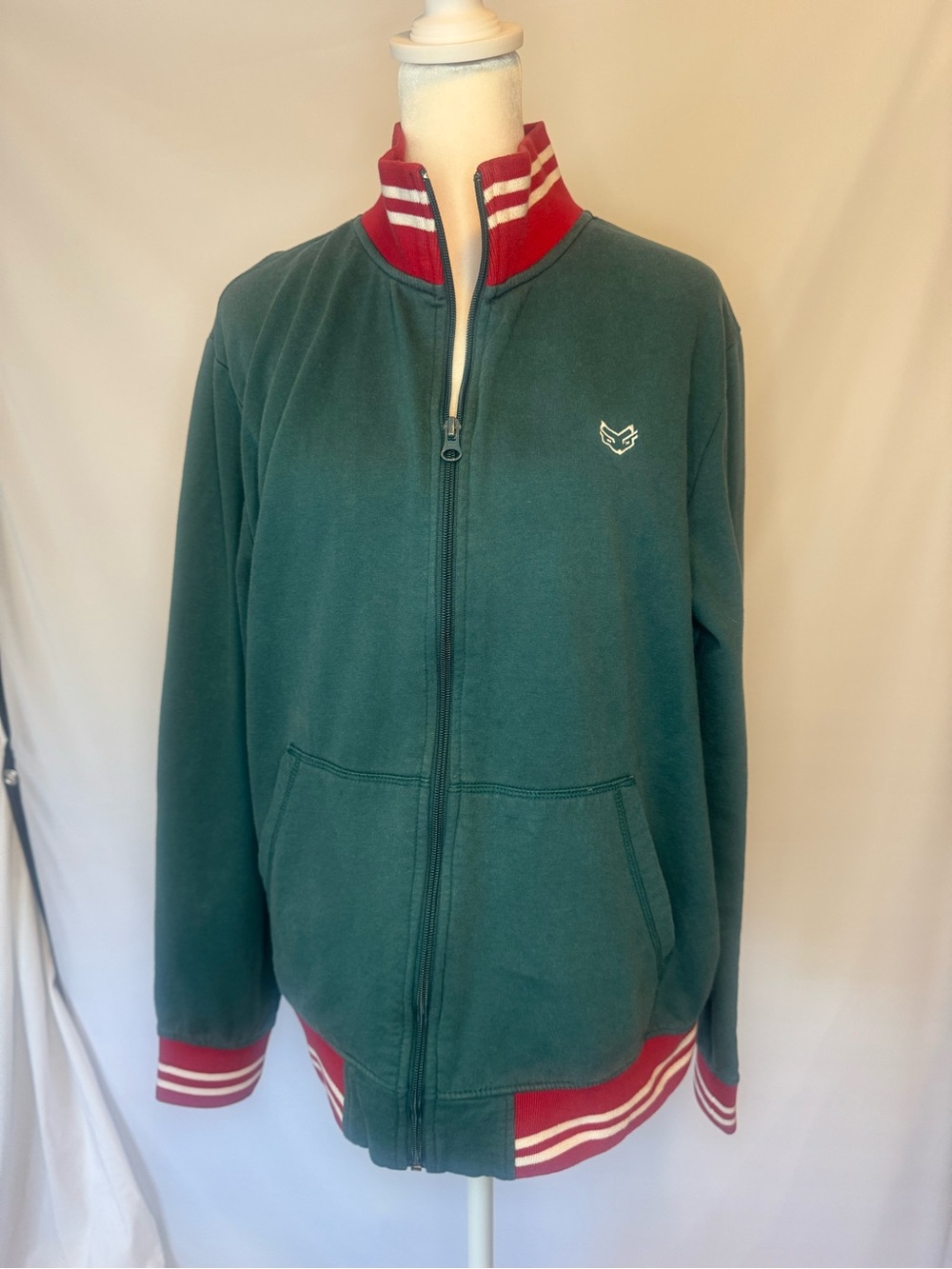 Classic Green Bomber Jacket Look/Sweatshirt Track Suit Feel with Red-Trim Collar